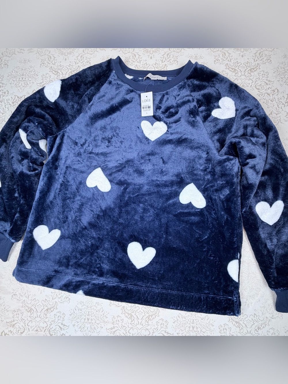LOFT Navy Plush Heart Sweater, NWT, Soft, Comfy, S